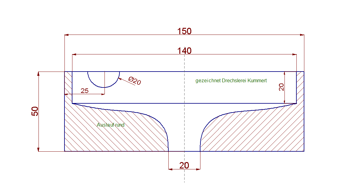 Zeichnung Kugelbahntrichter passend zu cuboro® - Auslauf rund - Bohrung links 150x50mm
