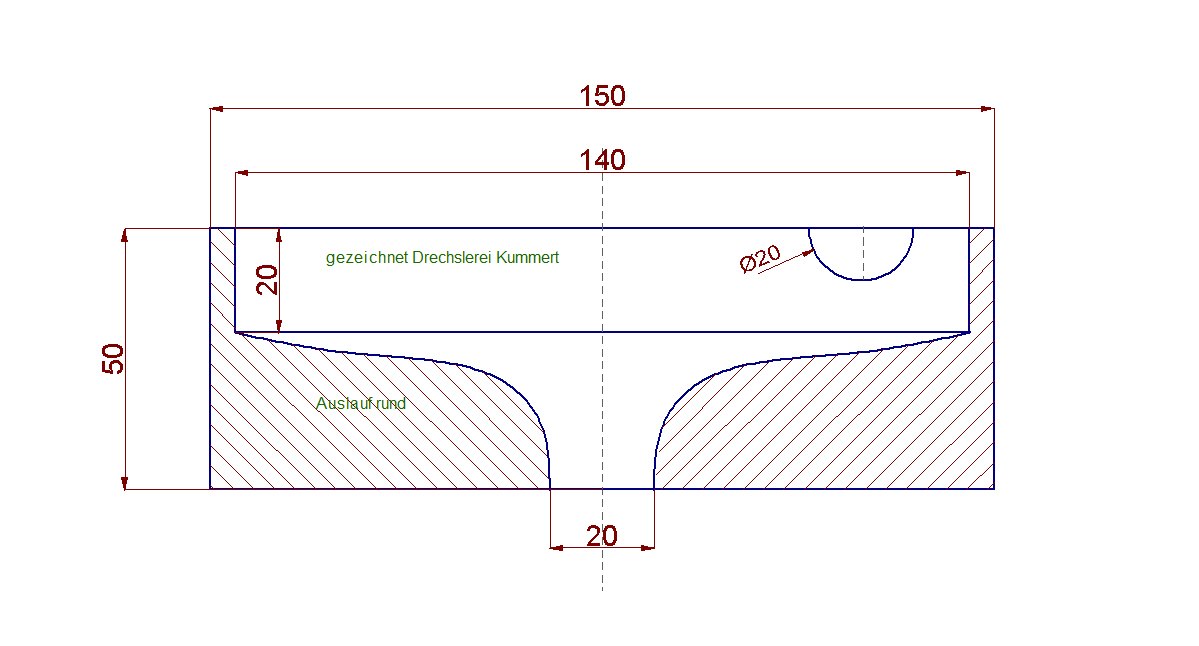 Zeichnung Kugelbahntrichter passend zu cuboro® - Auslauf rund - Bohrung rechts 150x50mm