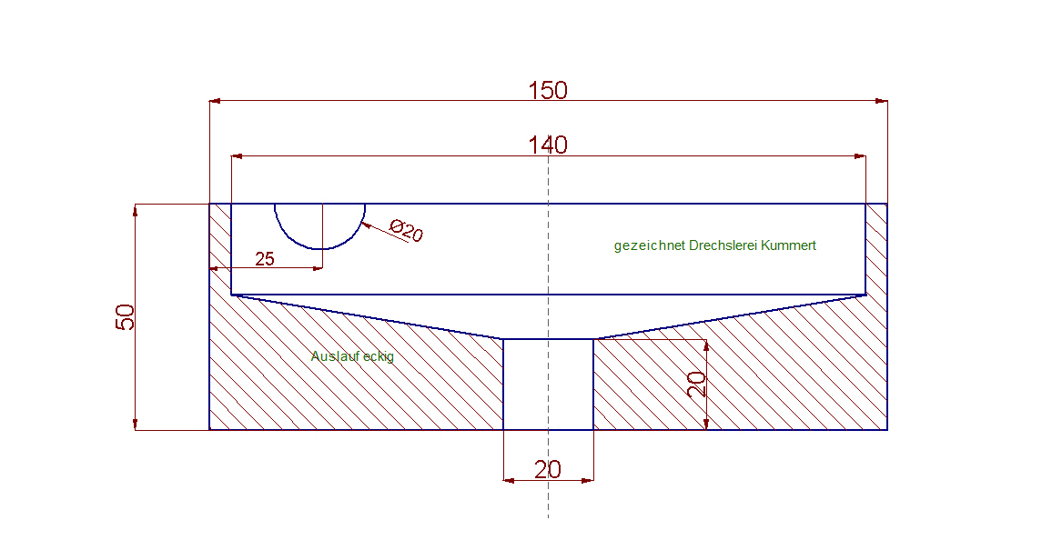 Zeichnung Kugelbahntrichter passend zu cuboro® - Auslauf eckig - Bohrung links 150x50mm