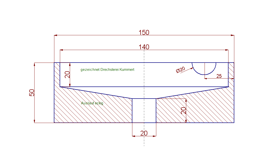 Zeichnung Kugelbahntrichter passend zu cuboro® - Auslauf eckig - Bohrung rechts 150x50mm